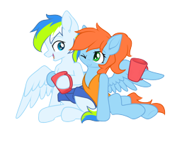 Size: 1500x1200 | Tagged: safe, artist:zylgchs, imported from derpibooru, oc, oc only, oc:morning star, oc:rain bow, pegasus, pony, derpibooru community collaboration, 2022 community collab, clothes, cup, duo, female, hoof hold, hooves, hug, looking at someone, male, mare, multicolored mane, one eye closed, one-piece swimsuit, open mouth, open smile, pegasus oc, ponytail, simple background, sitting, smiling, stallion, swimsuit, transparent background, wing hands, wing hold, wings, wink