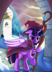 Size: 2200x3000 | Tagged: safe, artist:silverhopexiii, imported from derpibooru, twilight sparkle, alicorn, pony, crepuscular rays, fantasy, female, hat, high res, magician, mare, solo, staff, twilight sparkle (alicorn)