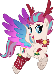 Size: 2921x4000 | Tagged: safe, artist:limedazzle, imported from derpibooru, part of a set, zipp storm, deer, deer pony, hybrid, original species, pegasus, pony, reindeer, adorazipp, antlers, christmas, cloven hooves, colored wings, cute, female, flying, g4, g5, g5 to g4, happy, high res, holiday, inkscape, looking at you, mare, multicolored wings, my little pony: a new generation, open mouth, simple background, solo, transparent background, wings