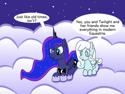 Size: 1600x1200 | Tagged: safe, artist:platinumdrop, imported from derpibooru, princess luna, oc, oc:snowdrop, alicorn, pegasus, pony, cloud, dialogue, duo, duo female, female, folded wings, hoof shoes, horn, lying down, lying on a cloud, on a cloud, open mouth, pegasus oc, prone, request, speech bubble, stars, tail, teal eyes, two toned mane, two toned tail, wings