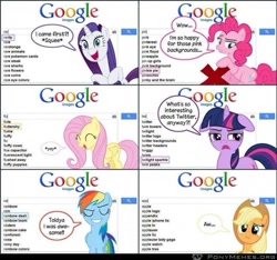 Size: 700x655 | Tagged: safe, imported from derpibooru, applejack, fluttershy, pinkie pie, rainbow dash, rarity, twilight sparkle, earth pony, pegasus, pony, unicorn, autocomplete, comic, cross, easter egg, excited, eyes closed, floppy ears, google, google images, happy, jpg artifacts, mane six, open mouth, pink background, pinkie pie is not amused, ponymemes, sad, searching, simple background, speech bubble, squee, twilight sparkle is not amused, unamused, unhapplejack, unicorn twilight, yay