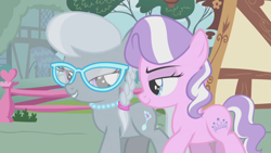 Size: 1920x1080 | Tagged: safe, imported from derpibooru, screencap, diamond tiara, silver spoon, earth pony, pony, call of the cutie, season 1, bedroom eyes, duo, female, filly, foal, glasses, jewelry, looking at each other, looking at someone, necklace, pearl necklace, ponyville