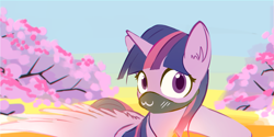 Size: 1700x847 | Tagged: safe, artist:manicpanda, imported from derpibooru, twilight sparkle, alicorn, pony, :3, cherry blossoms, chromatic aberration, colored pupils, ear fluff, face mask, flower, flower blossom, looking at you, mask, solo, spread wings, twilight sparkle (alicorn), wings