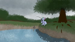 Size: 1920x1080 | Tagged: safe, artist:sunberry, imported from derpibooru, flitter, cat, fish, ghost, undead, fanfic:five hundred little murders, fanfic art, fishing, fishing rod, lake, tree