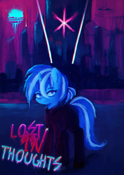 Size: 1240x1754 | Tagged: safe, artist:menalia, imported from derpibooru, oc, oc:freezy coldres, pony, unicorn, aesthetics, city, clothes, female, future, gloves, horn, looking at you, mare, neon, pants, shirt, shoes, skyscraper, sun, text, water