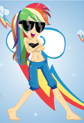 Size: 404x593 | Tagged: safe, artist:zanyonepip, imported from derpibooru, rainbow dash, equestria girls, bare shoulders, barefoot, belly button, clothes, crossed arms, feet, female, human coloration, open mouth, pants, sleeveless, sports bra, strapless, sunglasses, sweatpants, tomboy