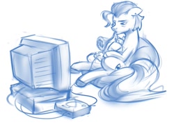 Size: 1255x917 | Tagged: safe, artist:applepost67, imported from derpibooru, oc, oc:fuma, pony, crt, male, monochrome, playstation, simple background, sketch, solo, stallion, vape, video game