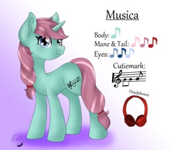 Size: 1280x1106 | Tagged: artist needed, safe, imported from derpibooru, oc, oc only, oc:musica melody, pony, unicorn, blue eyes, ear fluff, full body, gradient background, headphones, horn, reference sheet, shadow, smiling, solo, standing, tail, two toned mane, two toned tail, unicorn oc, watermark