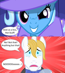 Size: 1280x1440 | Tagged: safe, edit, edited screencap, imported from derpibooru, screencap, prince blueblood, trixie, pony, unicorn, boast busters, the best night ever, bluetrix, cape, close-up, clothes, dialogue, female, hat, imminent kissing, male, shipping, shipping domino, smiling, smirk, speech bubble, straight, trixie's cape, trixie's hat, worried