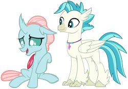 Size: 3100x2168 | Tagged: safe, artist:memnoch, artist:sonofaskywalker, edit, imported from derpibooru, ocellus, terramar, changedling, changeling, classical hippogriff, hippogriff, surf and/or turf, crack shipping, duo, female, high res, interspecies, jewelry, male, necklace, open mouth, open smile, shipping, simple background, sitting, smiling, straight, terracellus, transparent background, vector