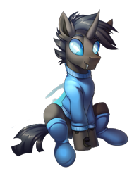Size: 443x563 | Tagged: safe, artist:jedayskayvoker, imported from derpibooru, oc, oc only, oc:rosie clockwork, changeling, pony, derpibooru community collaboration, 2022 community collab, changeling oc, clothes, curved horn, ear fluff, eyebrows, eyebrows visible through hair, fangs, full body, horn, male, shading, simple background, sitting, solo, transparent background