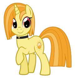 Size: 1500x1500 | Tagged: safe, artist:heliocentric, imported from derpibooru, oc, oc only, oc:amber flair, pony, unicorn, derpibooru community collaboration, 2022 community collab, choker, female, full body, heart, hooves, horn, mare, raised hoof, simple background, smiling, solo, standing, tail, transparent background, two toned mane, two toned tail, unicorn oc