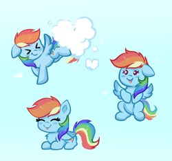Size: 3862x3603 | Tagged: safe, artist:confetticakez, imported from derpibooru, rainbow dash, pegasus, pony, :p, beady eyes, blue background, chest fluff, chibi, cloud, cute, daaaaaaaaaaaw, dashabetes, female, floppy ears, high res, kicking, lying down, mare, prone, simple background, smol, solo, tongue out
