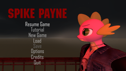 Size: 1920x1080 | Tagged: safe, artist:ponygamer2020, imported from derpibooru, spike, anthro, digitigrade anthro, dragon, 3d, bust, clothes, crossover, game, jewelry, lidded eyes, main menu, male, max payne, necklace, nexgen, outfit, portrait, red background, shirt, solo, source filmmaker, spike payne, text, title, video game, video game crossover