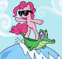 Size: 776x742 | Tagged: safe, edit, edited screencap, imported from derpibooru, screencap, gummy, pinkie pie, alligator, earth pony, pony, a royal problem, my little pony color by magic, bipedal, blue sky, cloud, cropped, lowres, pinkie pie riding gummy, ponies riding gators, riding, smiling, sunglasses, surfing, wave