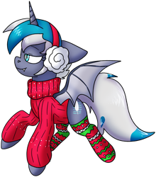 Size: 1947x2212 | Tagged: safe, artist:northernlightsone, imported from derpibooru, oc, oc only, oc:elizabat stormfeather, alicorn, bat pony, bat pony alicorn, pony, alicorn oc, bat pony oc, bat wings, christmas sweater, clothes, commission, earmuffs, fangs, female, horn, mare, raised hoof, raised leg, simple background, socks, solo, stockings, striped socks, sweater, thigh highs, transparent background, wings, ych result