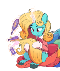 Size: 2480x2924 | Tagged: safe, artist:fanzeem, imported from derpibooru, oc, oc only, oc:seafoam breeze, pony, unicorn, ascot, brush, brushing, clothes, ear piercing, earring, female, glowing, glowing horn, hairspray, hand mirror, high res, horn, jewelry, looking at something, looking down, magic, mare, mirror, piercing, pillow, simple background, sitting, smiling, solo, telekinesis, unicorn oc, unshorn fetlocks, white background