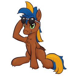 Size: 1000x1000 | Tagged: safe, artist:hiddelgreyk, imported from derpibooru, oc, oc only, pegasus, pony, derpibooru community collaboration, 2022 community collab, blue mane, brown coat, chest fluff, folded wings, full body, green eyes, grin, hooves, male, pegasus oc, simple background, sitting, smiling, solo, stallion, sunglasses, sunglasses on head, tail, transparent background, two toned mane, two toned tail, wings