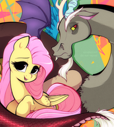 Size: 2064x2306 | Tagged: safe, artist:syrupyyy, imported from derpibooru, discord, fluttershy, draconequus, pegasus, pony, abstract background, beard, duo, facial hair, female, frown, high res, male, mare, open mouth, open smile, smiling