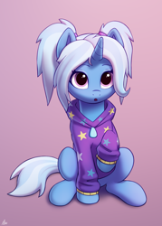 Size: 1250x1750 | Tagged: safe, artist:luminousdazzle, imported from derpibooru, trixie, pony, unicorn, :o, alternate hairstyle, babysitter trixie, clothes, cute, diatrixes, g4, gradient background, hoodie, looking at you, looking up, open mouth, pigtails, pink background, raised hoof, simple background, sitting, solo, twintails