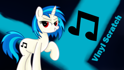Size: 3840x2160 | Tagged: safe, artist:rainbowšpekgs, imported from derpibooru, dj pon-3, vinyl scratch, pony, unicorn, cutie mark, cutie mark background, female, high res, mare, raised hoof, smiling, solo, standing, text, wallpaper