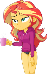 Size: 1265x2000 | Tagged: safe, artist:steyrrdash, imported from derpibooru, sunset shimmer, equestria girls, black panties, black underwear, clothes, coffee, legs, legs together, no pants, panties, show accurate, simple background, solo, transparent background, underwear