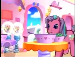 Size: 480x360 | Tagged: safe, imported from derpibooru, screencap, sweetberry, earth pony, pony, a very minty christmas, bowl, cotton candy cafe, cute, female, frying pan, g3, g3 toon disney screenbug, gumball machine, indoors, mare, outdoors, solo, sweet sweetberry, table, toon disney