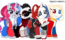 Size: 3446x2161 | Tagged: safe, artist:dragonchaser123, artist:kellysweet1, imported from derpibooru, oc, oc only, oc:giggle glider, oc:har-harley queen, oc:harleen hijinks, oc:side-splitter, earth pony, pegasus, pony, unicorn, base used, boots, choker, clothes, corset, ear piercing, earring, eyebrow piercing, eyeshadow, female, fishnets, gloves, grin, group, harley quinn, heterochromia, high res, jacket, jester, jewelry, makeup, mare, mask, multicolored hair, nose piercing, nose ring, piercing, pigtails, raised hoof, roller skates, shirt, shoes, simple background, smiling, socks, stockings, t-shirt, tattoo, thigh highs, transparent background, twintails, varsity jacket