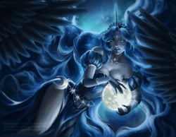 Size: 1280x995 | Tagged: safe, artist:weeping-jester, imported from derpibooru, princess luna, human, breasts, busty princess luna, cleavage, clothes, dress, female, horn, horned humanization, humanized, jewelry, looking at you, moon, necklace, pony coloring, side slit, solo, tangible heavenly object, winged humanization, wings