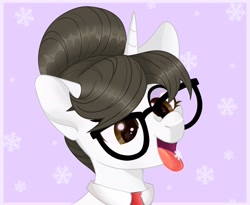 Size: 2048x1681 | Tagged: source needed, useless source url, safe, artist:candystartrixie, artist:freyamilk, imported from derpibooru, raven, pony, unicorn, brown eyes, bust, catching snowflakes, christmas, commission, cute, eyelashes, female, glasses, hair bun, holiday, horn, mare, necktie, open mouth, open smile, portrait, ravenbetes, secretary, simple background, smiling, snow, snowflake, solo, tongue out, ych result