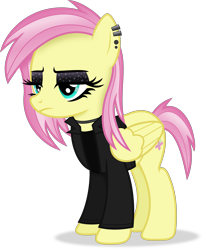 Size: 3251x3985 | Tagged: safe, artist:anime-equestria, imported from derpibooru, fluttershy, pegasus, pony, alternate hairstyle, clothes, ear piercing, eyeshadow, female, fluttergoth, goth, high res, jacket, jewelry, makeup, mare, necklace, piercing, simple background, solo, transparent background, vector, wings