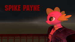 Size: 1920x1080 | Tagged: safe, artist:ponygamer2020, artist:ponygamersfm, imported from derpibooru, spike, anthro, digitigrade anthro, dragon, 3d, bust, clothes, crossover, jewelry, lidded eyes, male, max payne, necklace, nexgen, outfit, portrait, red background, shirt, simple background, solo, source filmmaker, spike payne, title