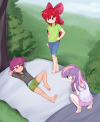 Size: 4222x5160 | Tagged: safe, artist:pestil, imported from twibooru, apple bloom, scootaloo, sweetie belle, human, barefoot, cutie mark crusaders, feet, humanized, image, png