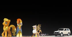 Size: 1280x661 | Tagged: safe, artist:dingopatagonico, imported from derpibooru, applejack, gilda, sunburst, earth pony, griffon, unicorn, cyrillic, lada, night, photo, russian, vehicle