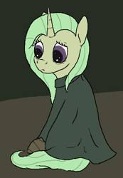 Size: 400x578 | Tagged: safe, artist:pinkchalk, oc, oc only, oc:dewdrop warren, pony, unicorn, cloak, clothes, female, mare, sitting, solo