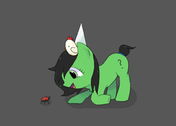 Size: 1000x721 | Tagged: safe, artist:omelettepony, oc, oc only, oc:filly anon, bird, chicken, earth pony, insect, ladybug, pony, animal, beak, chest fluff, dot eyes, dunce, dunce hat, earth pony oc, fascinated, featured image, female, filly, gray background, happy, hat, kneeling, open mouth, open smile, pet, question mark, rooster, simple background, smiling, tailband, underhoof, wings