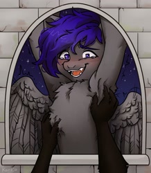 Size: 2614x2992 | Tagged: safe, artist:konejo, imported from derpibooru, oc, oc only, pegasus, pony, armpits, bad touch, blushing, chest fluff, crying, fangs, hand, high res, night, oc name needed, personal space invasion, spread wings, tickling, wings