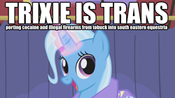 Size: 1280x720 | Tagged: safe, edit, edited screencap, editor:moonatik, imported from derpibooru, screencap, trixie, pony, unicorn, boast busters, season 1, bait, bait and switch, cape, caption, clothes, cute, diatrixes, drugs, female, happy, horn, image macro, insane troll logic, magic, mare, open mouth, shitposting, smiling, solo, text, trixie's cape