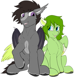 Size: 3093x3198 | Tagged: safe, artist:cold blight, imported from derpibooru, oc, oc only, oc:lief, oc:windwalker, bat pony, pegasus, pony, derpibooru community collaboration, 2022 community collab, :p, bat pony oc, beanbrows, blaze (coat marking), coat markings, colored wings, couple, cute, duo, ear fluff, ear tufts, eye clipping through hair, eyebrows, eyebrows visible through hair, facial markings, floppy ears, high res, hooves, multicolored wings, ocbetes, open mouth, open smile, pegasus oc, raised hoof, simple background, sitting, smiling, tongue out, transparent background, unshorn fetlocks, windsong, wings