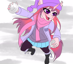 Size: 3756x3286 | Tagged: safe, artist:cali luminos, imported from derpibooru, oc, oc:aine, anthro, unicorn, boots, child, clothes, digital, female, high res, horn, scarf, shoes, snow, snowball, solo, unicorn oc, winter clothes, winter outfit