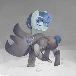 Size: 3000x3000 | Tagged: safe, artist:remedy7en, imported from derpibooru, oc, oc only, oc:inkstead, earth pony, armor, boots, bun, chainmail, circlet, cloak, clothes, high res, magic, shoes, snow, solo, sword, viking, weapon