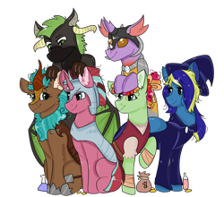Size: 1280x1128 | Tagged: safe, artist:valkiria, imported from derpibooru, oc, oc only, oc:cocoa berry, oc:halcyon halfnote, oc:larynx (changeling), oc:lobelya, oc:wild goosechase, unnamed oc, changedling, changeling, dragon, earth pony, kirin, pegasus, pony, unicorn, armor, bandage, bandana, bard, bits, boots, changedling oc, changeling oc, clothes, dragon oc, dungeons and dragons, fantasy class, female, freckles, glass, gloves, glowing, glowing horn, grin, hat, healer, helmet, hoof shoes, horn, kirin oc, knee pads, male, mare, money, multicolored hair, nonbinary, pants, pen and paper rpg, potion, pouch, robe, rpg, shirt, shoes, simple background, singing, sitting, sky, smiling, transparent background, vest, wall of tags, wizard, wizard hat