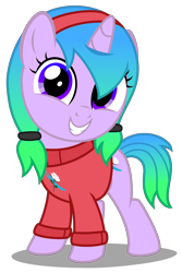 Size: 2420x3620 | Tagged: safe, artist:strategypony, imported from derpibooru, oc, oc only, oc:fiona mahri, unicorn, clothes, cute, daaaaaaaaaaaw, female, filly, foal, gradient mane, gravity falls, hairband, high res, horn, looking at you, mabel pines, ocbetes, pigtails, simple background, smiling, squee, sweater, transparent background, twintails, unicorn oc, younger
