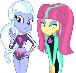 Size: 916x878 | Tagged: safe, artist:sarahalen, imported from derpibooru, sour sweet, sugarcoat, equestria girls, belly button, clothes, clothes swap, duo, eyes closed, female, hand on hip, simple background, swimsuit, swimsuit swap, white background