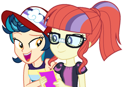 Size: 776x550 | Tagged: safe, artist:sarahalen, imported from derpibooru, indigo zap, moondancer, equestria girls, base used, cap, clothes swap, duo, female, glasses, hat, simple background, white background