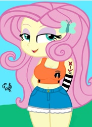 Size: 773x1061 | Tagged: safe, artist:flutteryaylove, imported from derpibooru, fluttershy, equestria girls, belly button, breasts, busty fluttershy, cleavage, clothes, daisy dukes, female, looking at you, midriff, shorts, smiling, solo