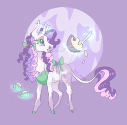 Size: 1600x1577 | Tagged: safe, artist:k-eilonwy, imported from derpibooru, sweetie belle (g3), classical unicorn, pony, unicorn, apron, batter, bow, bowl, clothes, cloven hooves, deviantart watermark, female, food, leonine tail, levitation, magic, mare, mixing bowl, obtrusive watermark, solo, tail, tail bow, telekinesis, watermark
