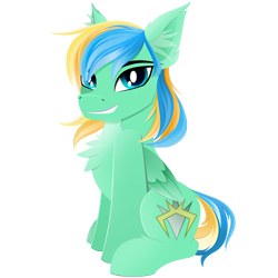 Size: 2000x2000 | Tagged: safe, artist:andaluce, imported from derpibooru, oc, oc only, oc:typh, pegasus, pony, derpibooru community collaboration, 2022 community collab, chest fluff, ear fluff, folded wings, full body, grin, high res, hooves, pegasus oc, simple background, sitting, smiling, solo, tail, transparent background, two toned mane, wings