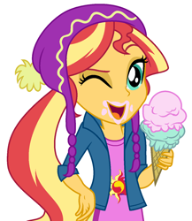 Size: 1092x1256 | Tagged: safe, artist:sarahalen, imported from derpibooru, sunset shimmer, equestria girls, female, food, ice cream, looking at you, one eye closed, simple background, solo, white background, wink, winking at you