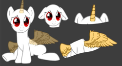 Size: 719x388 | Tagged: safe, artist:tialtri, imported from derpibooru, oc, oc only, alicorn, pony, bald, base, base used, floppy ears, gray background, horn, looking at you, simple background, sitting, smiling, solo, wings